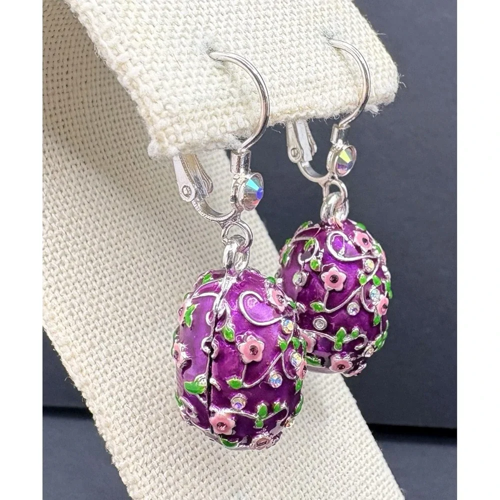 Kirks Folly Bunny Kisses Easter Egg Dangle Earrings Purple Floral Spring Pierced